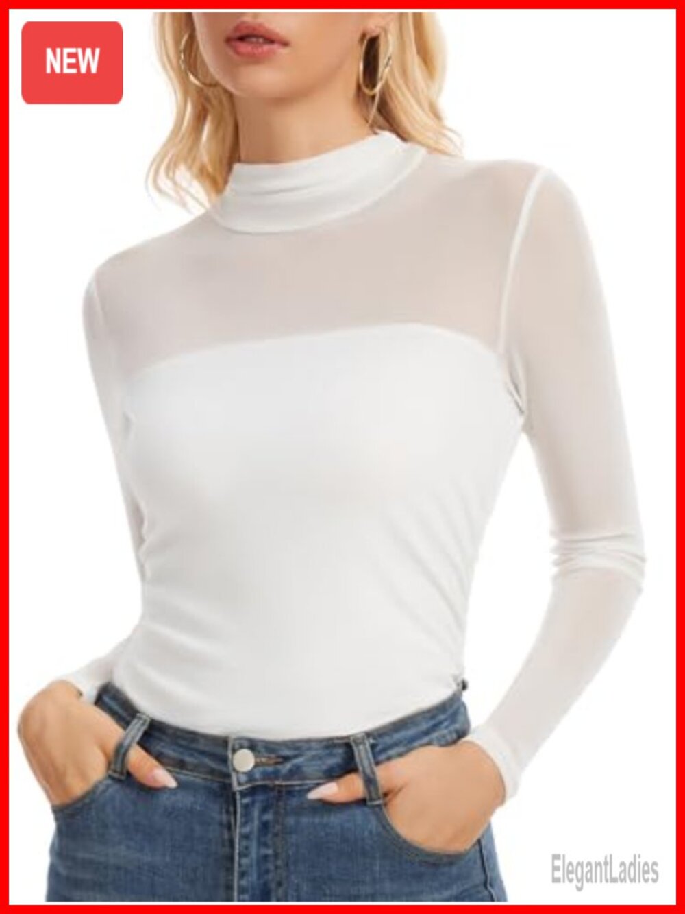 Sheer Mesh Long Sleeve Mock Neck Ruched Slim Fit Casual Top